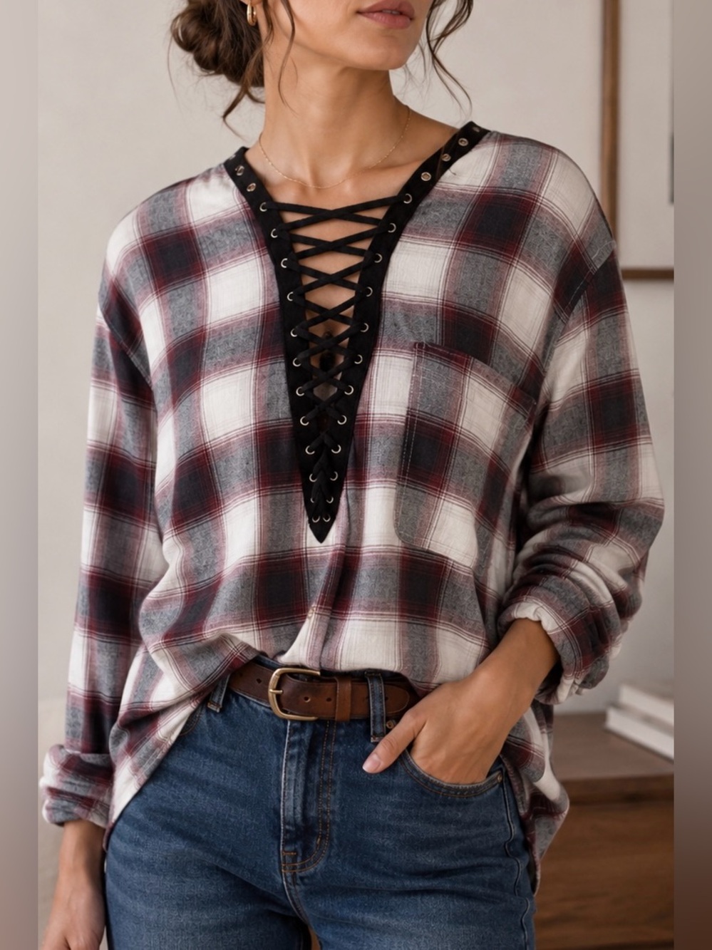 Furst Of A Kind LF Red & Maroon Plaid Grunge Long Sleeve Top